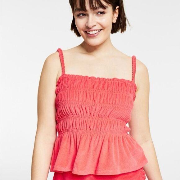 NWT Bar III Women's Square Neckline Terry Ruffled Smocked Watermelon Punch Xl - Picture 1 of 4